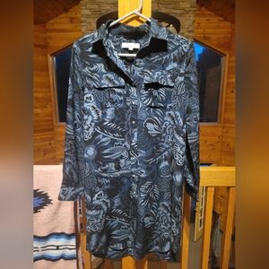 Loft Blue and Black Floral Button-Up Shirt Dress Preloved Size Small